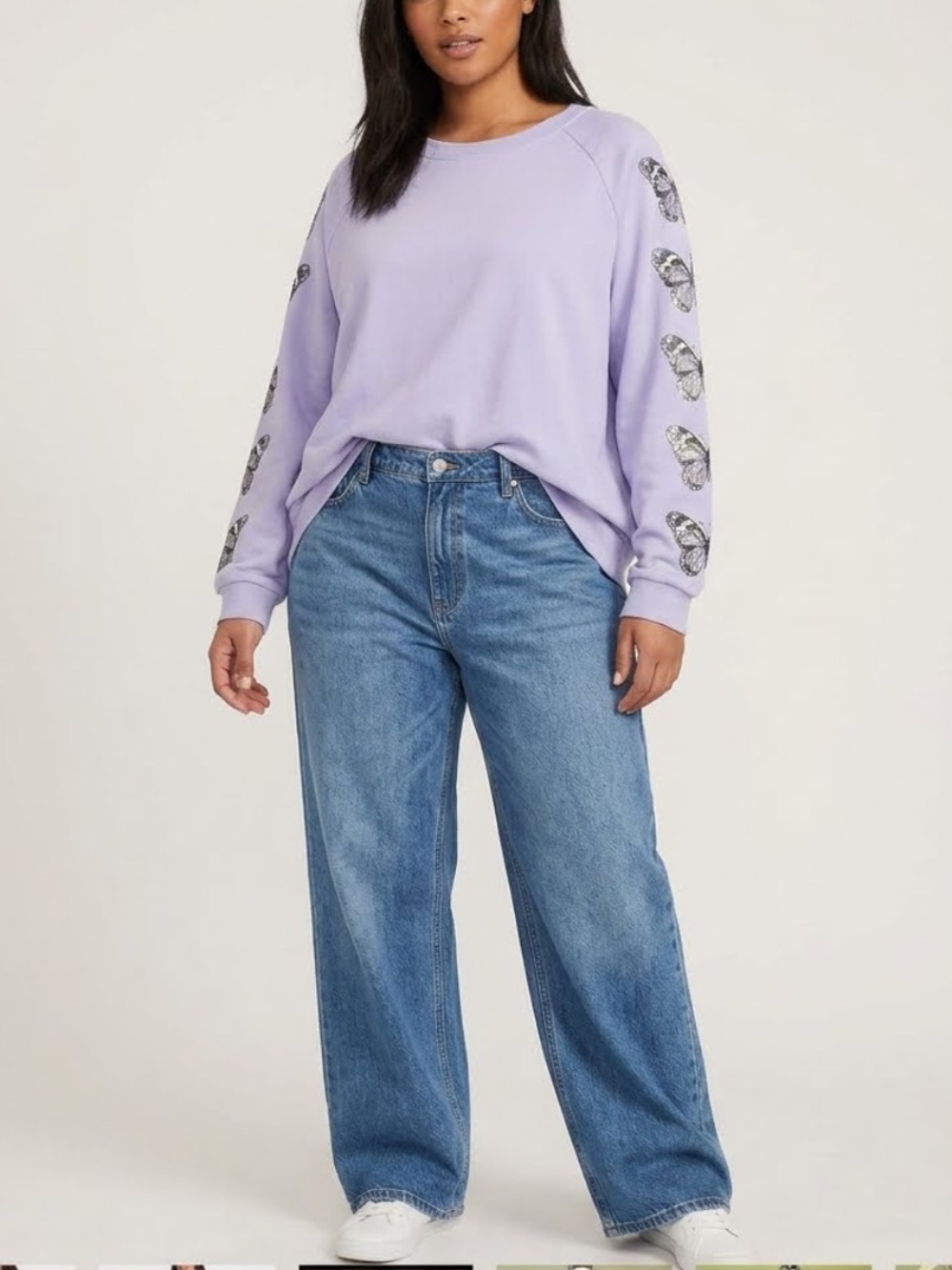 QUEEN OF SPARKLES Babyblue Sequin Butterfly Sweatshirt Sz L - Picture 2 of 15
